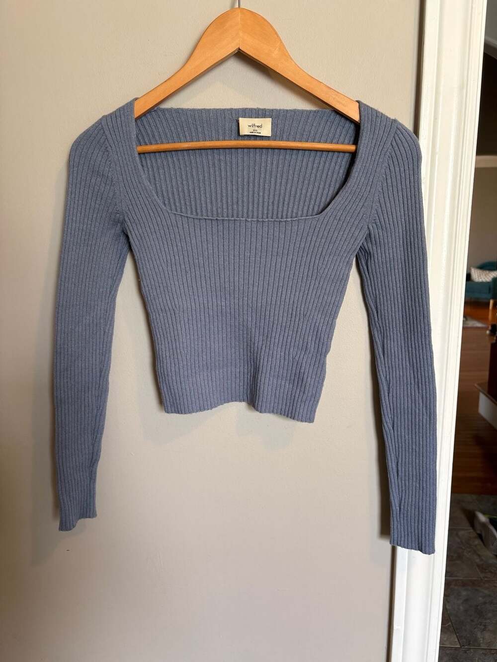 Wilfred Square Neck Long Sleeve Ribbed Knit Sweater, Dusty Blue
